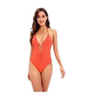 Lucky Brand Womens Golden Wave 1 Piece Swimsuit Size S Fiesta Orange Halter NWT